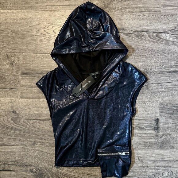 Club Exx Hoodie Shirt W/ Pouch Sz Small Iridescent Black Dolls Kill Rave NWT - Picture 1 of 9